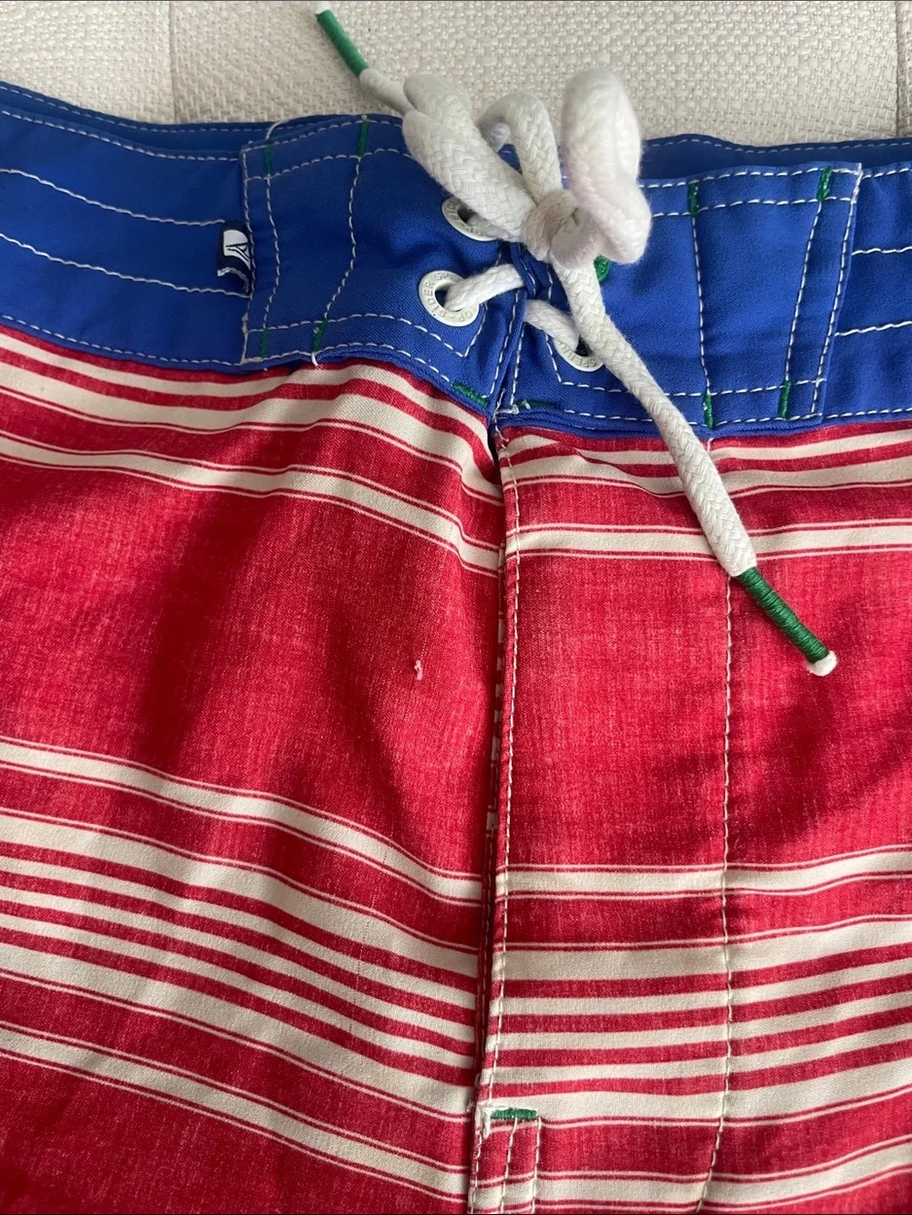 Sperry Red Striped Swim Board Shorts with Blue Waistband